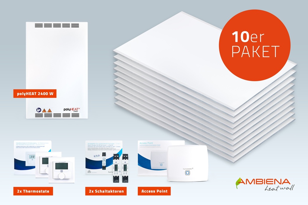 AMBIENA Deckenheizung 10er Bundle Heizleistung 2.000 W mit Internetanbindung für drei Räume   