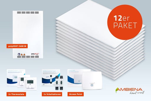 AMBIENA Deckenheizung 12er Bundle Heizleistung 2.400 W mit Internetanbindung für drei Räume 
